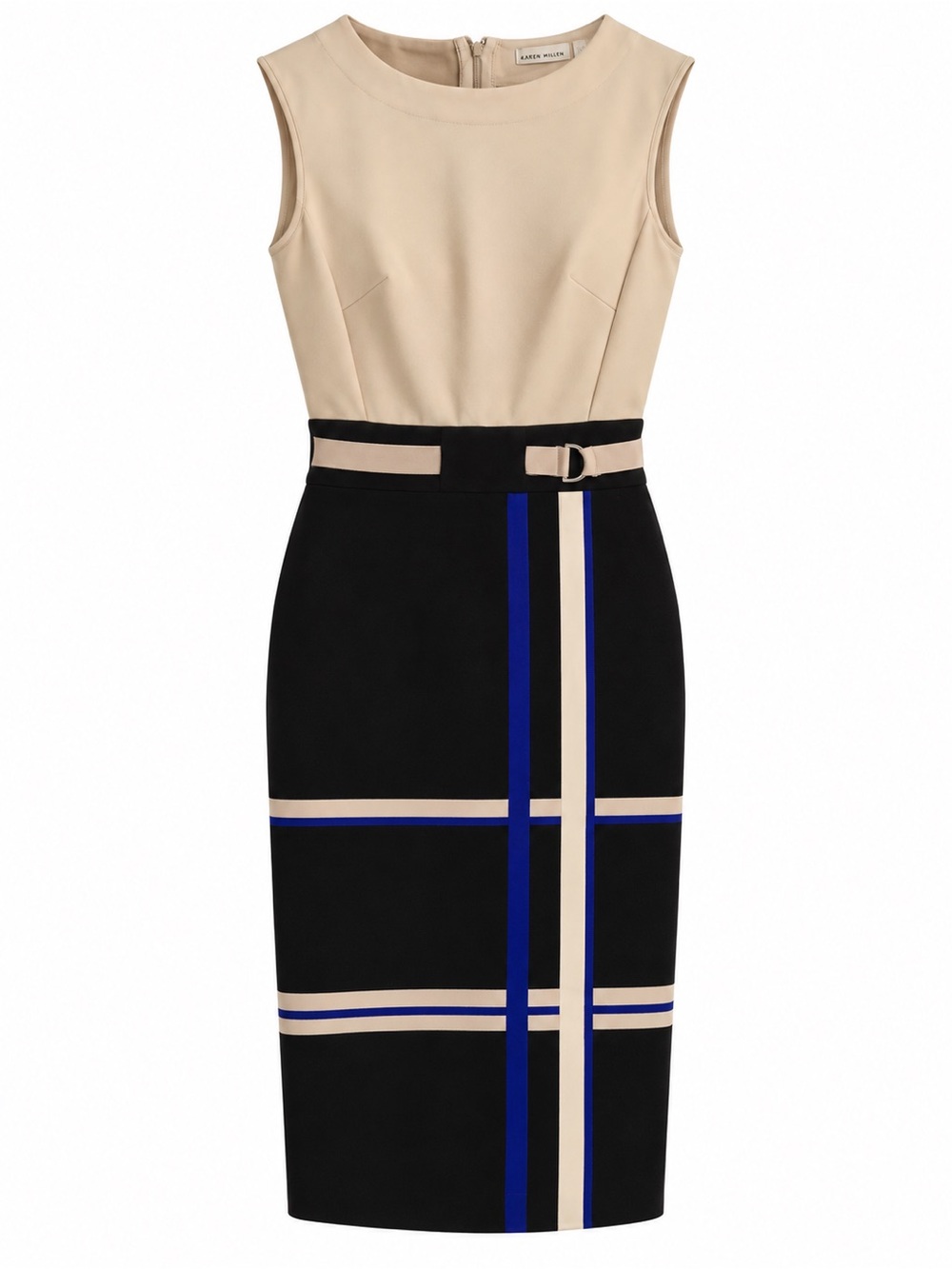 Karen Millen Sleeveless Colorblock Belted Sheath Dress in Beige and Black